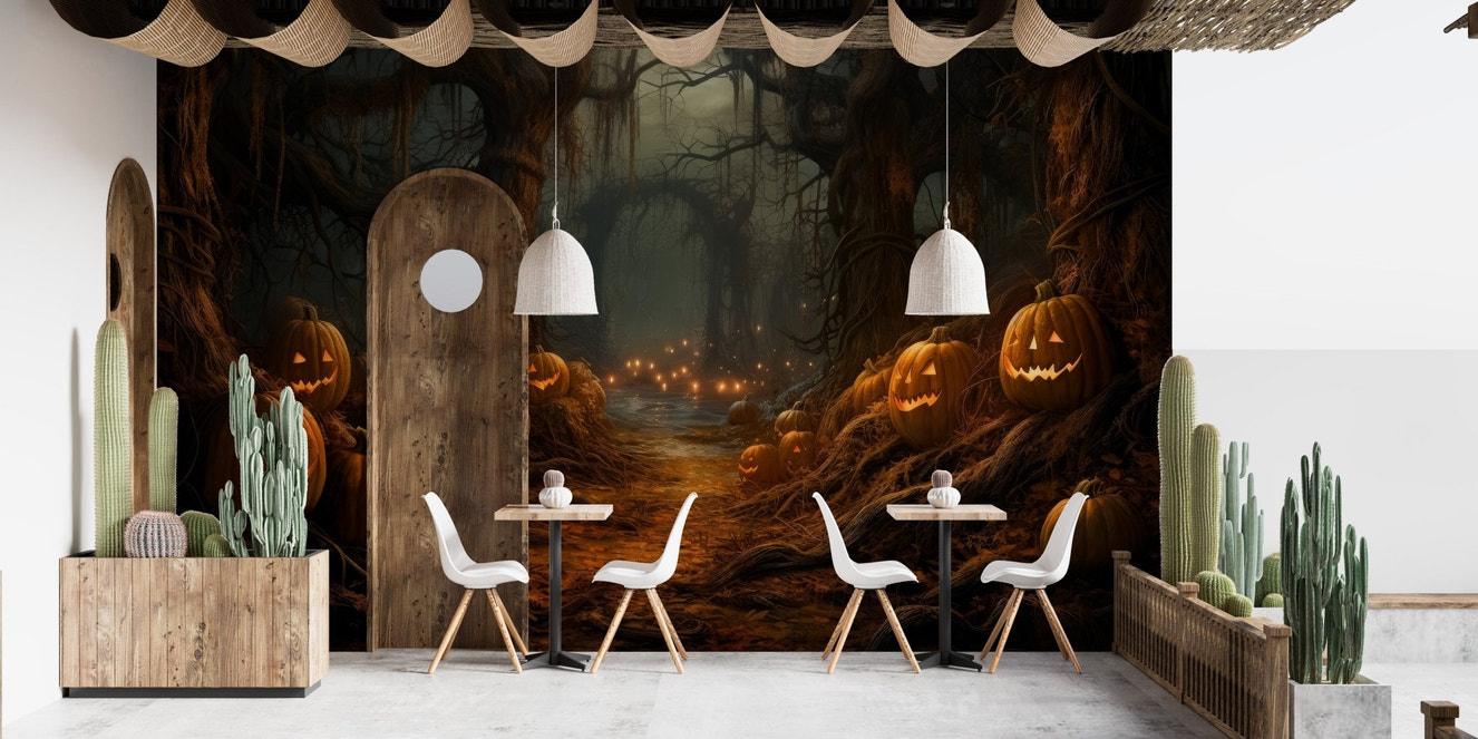 Eerie forest wall mural featuring twisted trees and orange lit pumpkin faces.