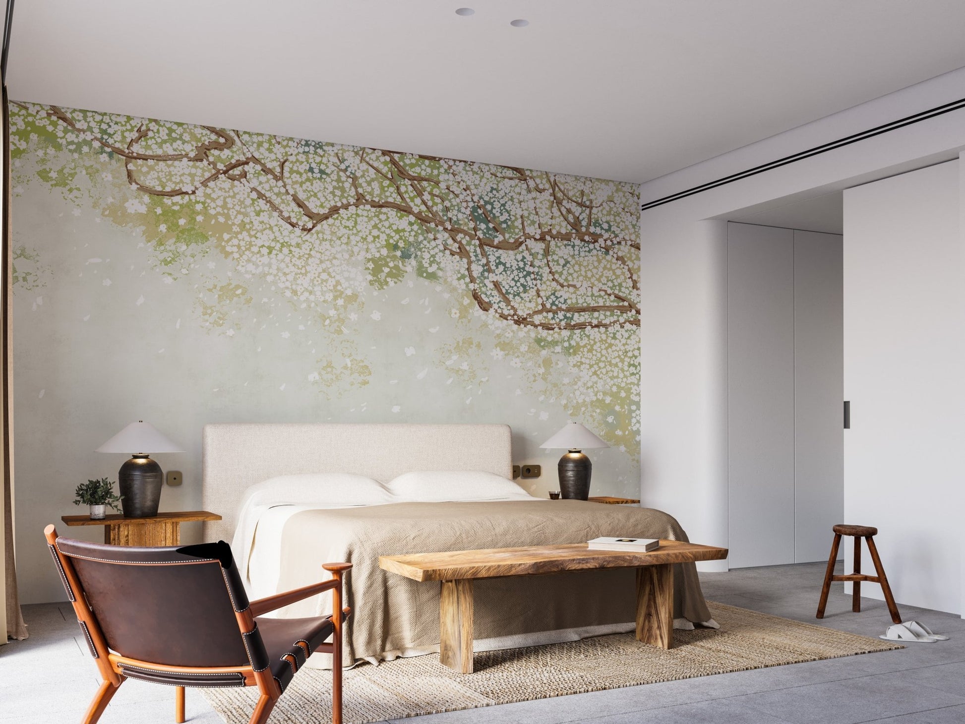 Spring tree branch wall mural in subtle pastel shades.