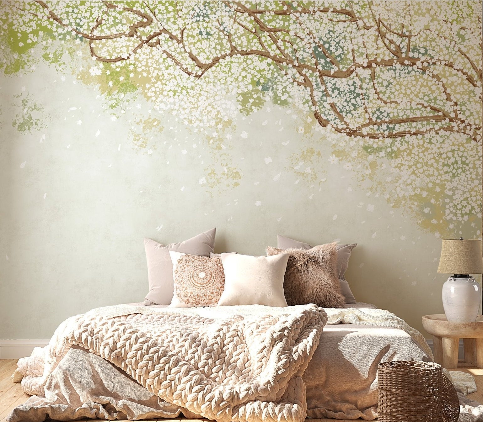 Artistic cherry blossom wall mural with muted color palette.