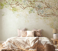 Artistic cherry blossom wall mural with muted color palette.