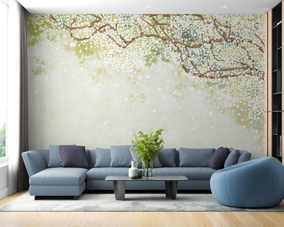 Floral canopy wallpaper mural with light sage backdrop.