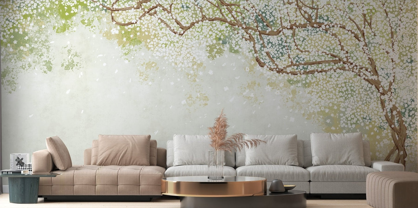 Spring blossom wallpaper mural with white floral tree branches.