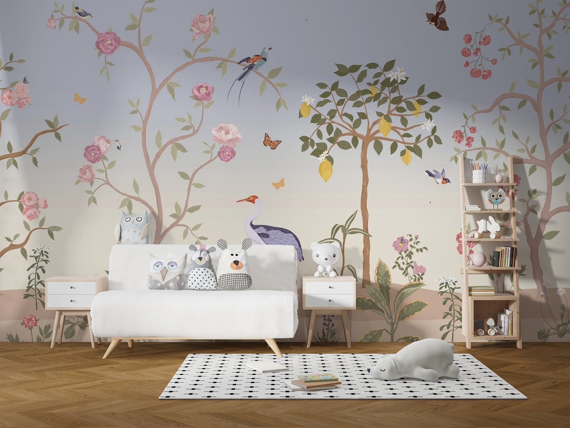 Spring floral chinoiserie wall mural with birds and pink blossoms.