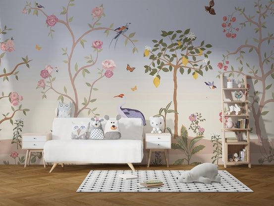 Spring floral chinoiserie wall mural with birds and pink blossoms.