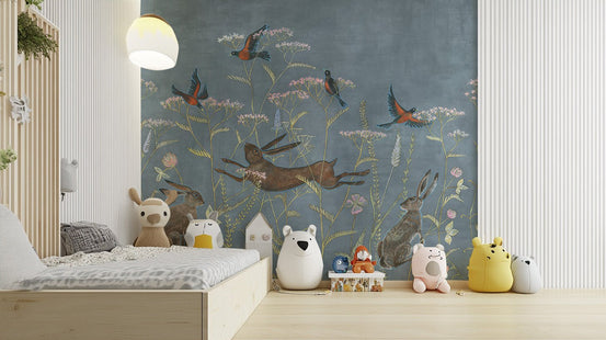 Artistic spring meadow wallpaper with hares and red winged birds.