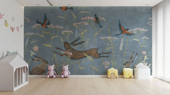 Spring meadow wallpaper mural with leaping hares and wildflowers.