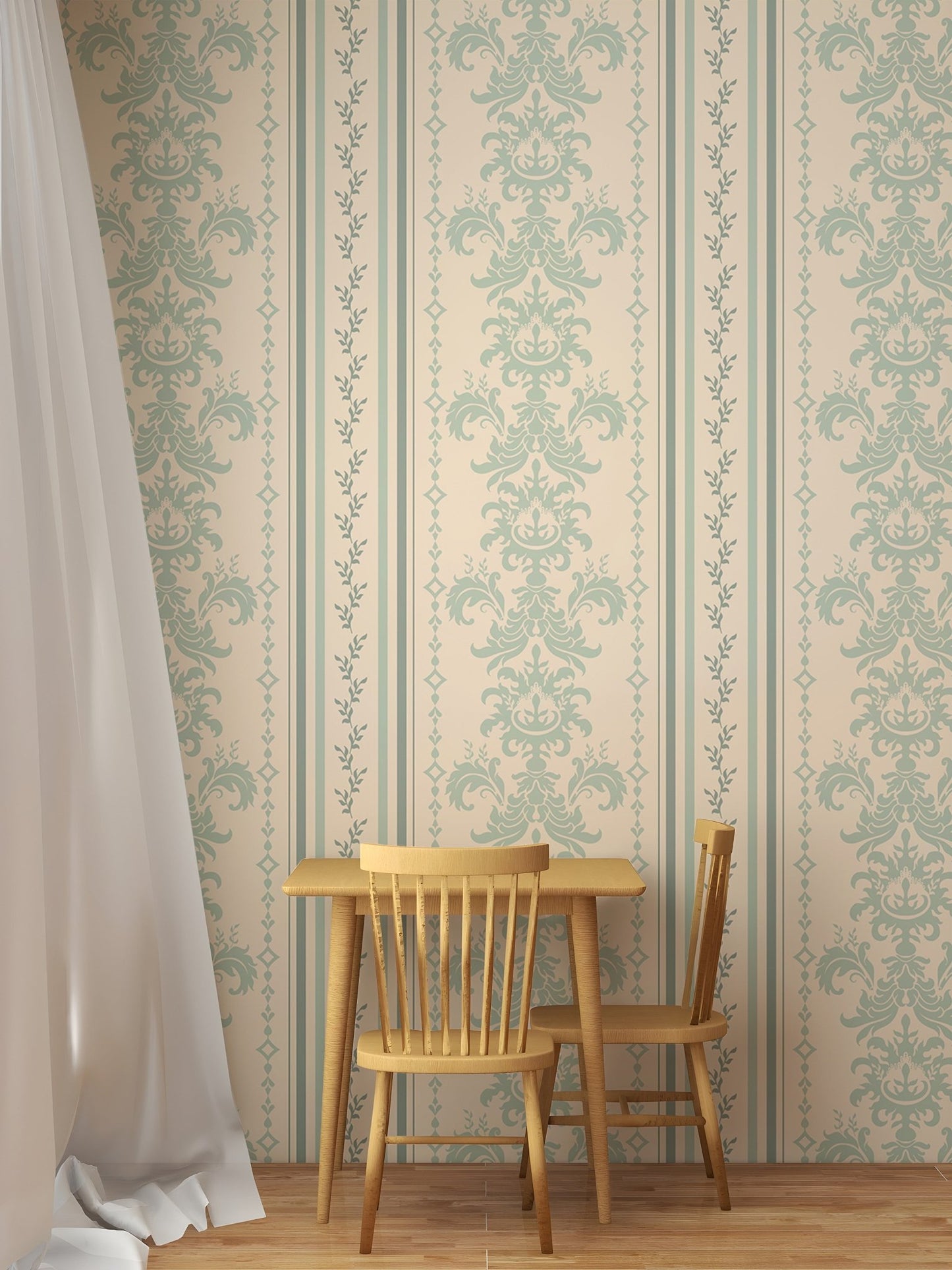 Striped wallpaper in a dining nook with a small wooden table and two chairs.