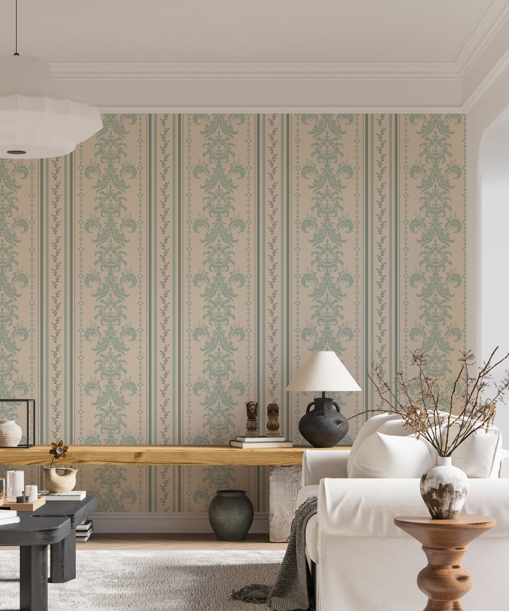 Spring Stripe Vintage Damask Pattern Wallpaper behind a white sofa and wooden shelf.