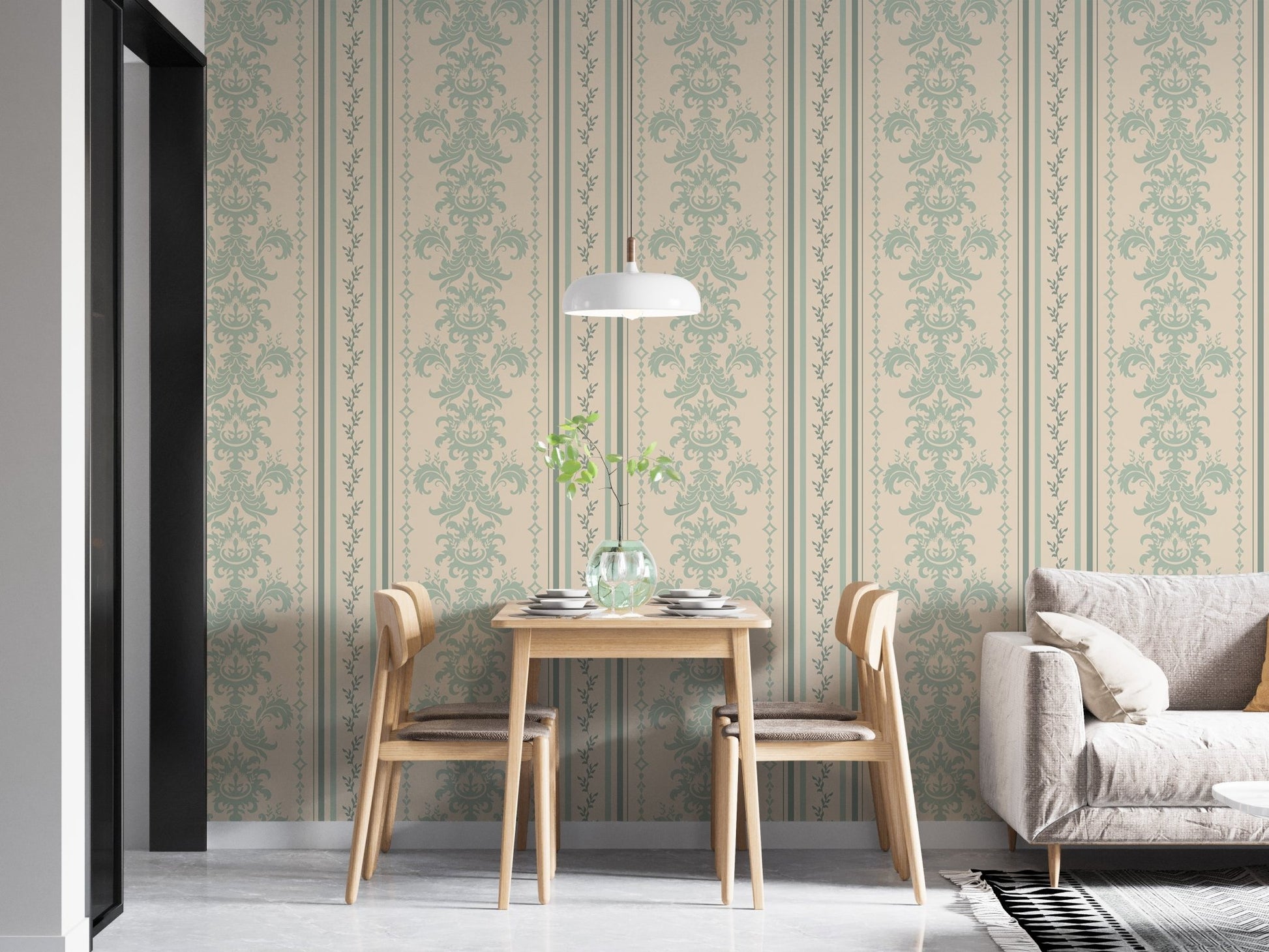 Spring Stripe Vintage Damask Pattern Wallpaper in a modern dining area with a sofa.