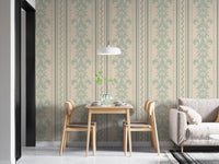 Spring Stripe Vintage Damask Pattern Wallpaper in a modern dining area with a sofa.