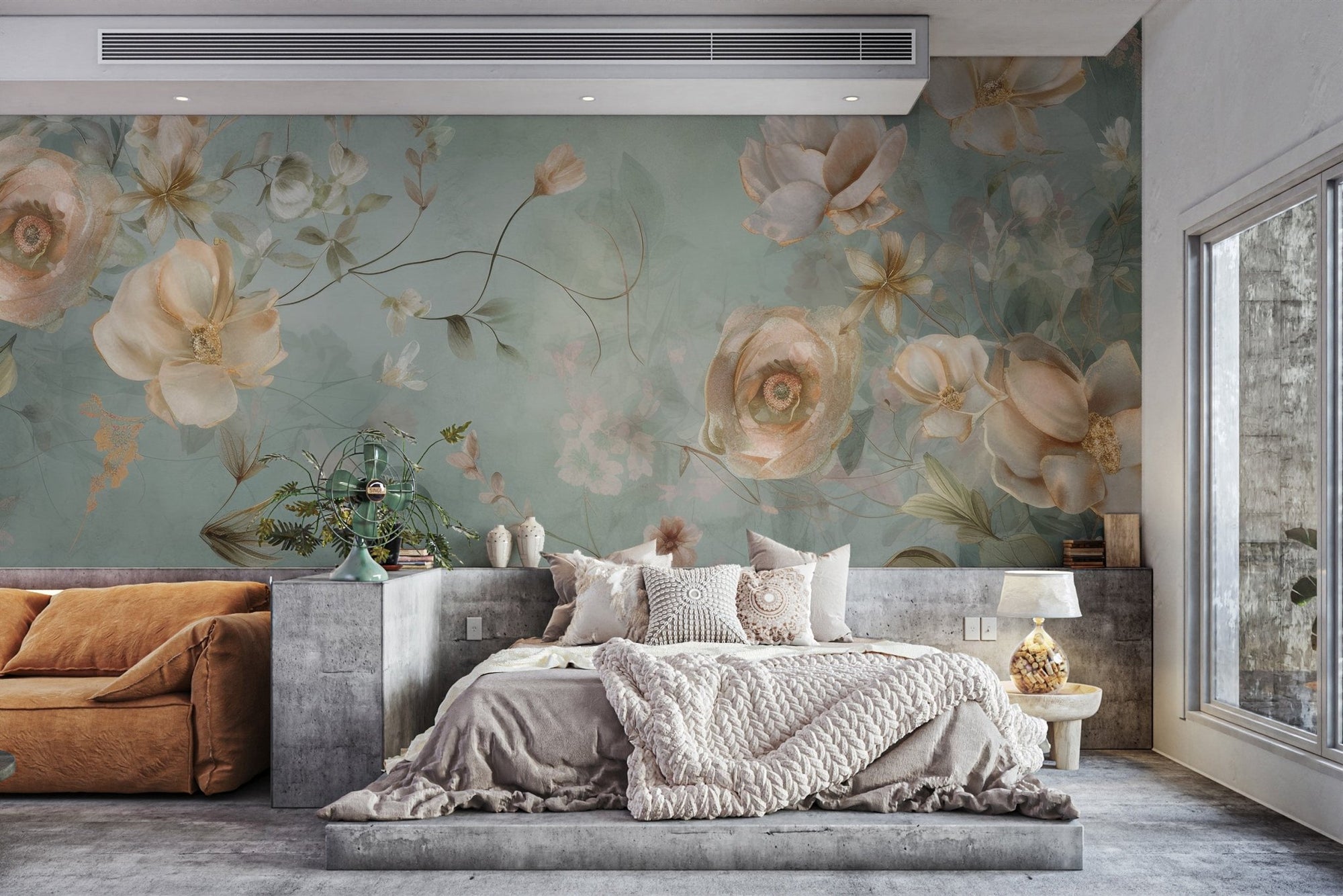 Spring whisper wallpaper mural with cream blossoms on a sage green background.