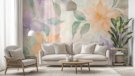 Modern floral whisper wallpaper mural with gentle watercolor shading.