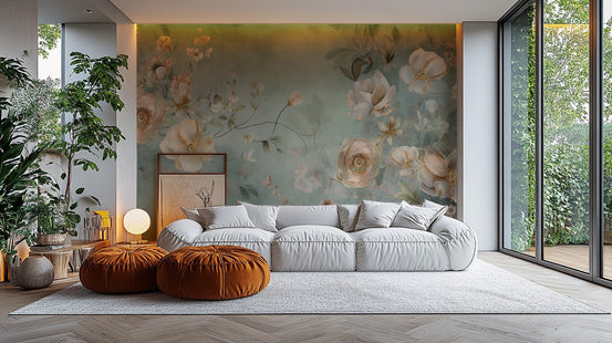 Shabby chic whisper mural wallpaper with a weathered plaster wall effect.