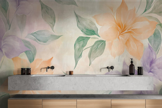 Spring whisper wallpaper mural with watercolor peach blossoms.