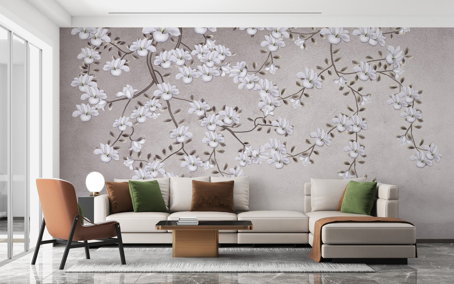 Delicate ivory bloom wall mural on calm textured surface.