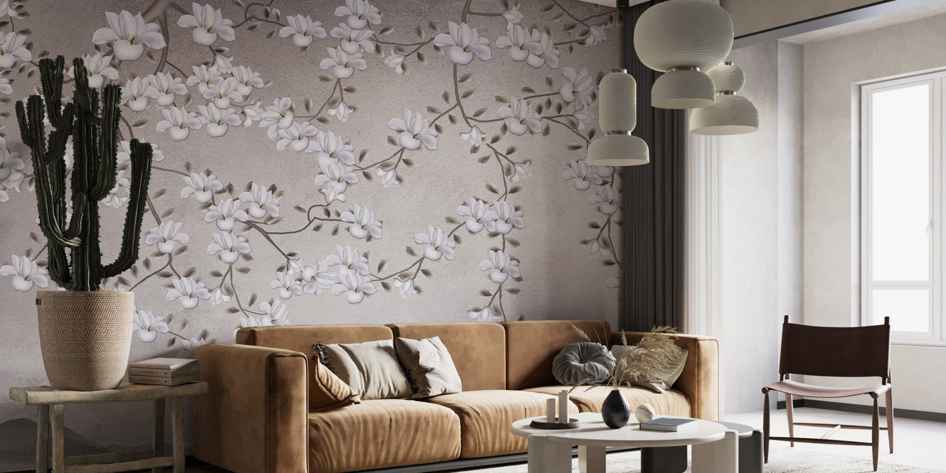 Elegant blossom wallpaper mural with subtle scenic horizon effect.