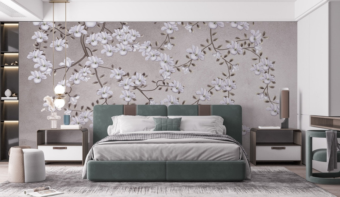 Artistic floral wallpaper mural with layered petals and textured backdrop.