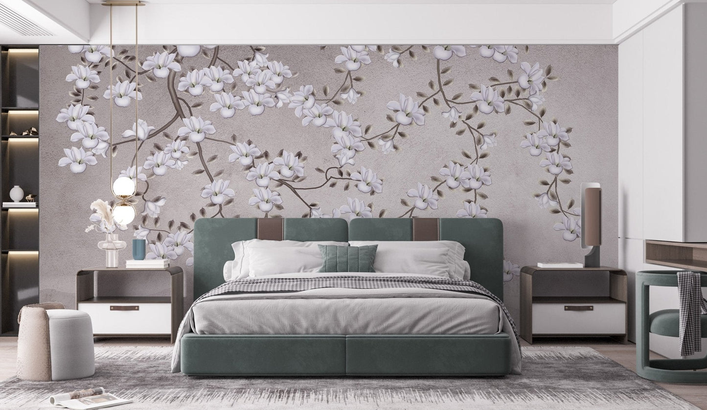 Artistic floral wallpaper mural with layered petals and textured backdrop.