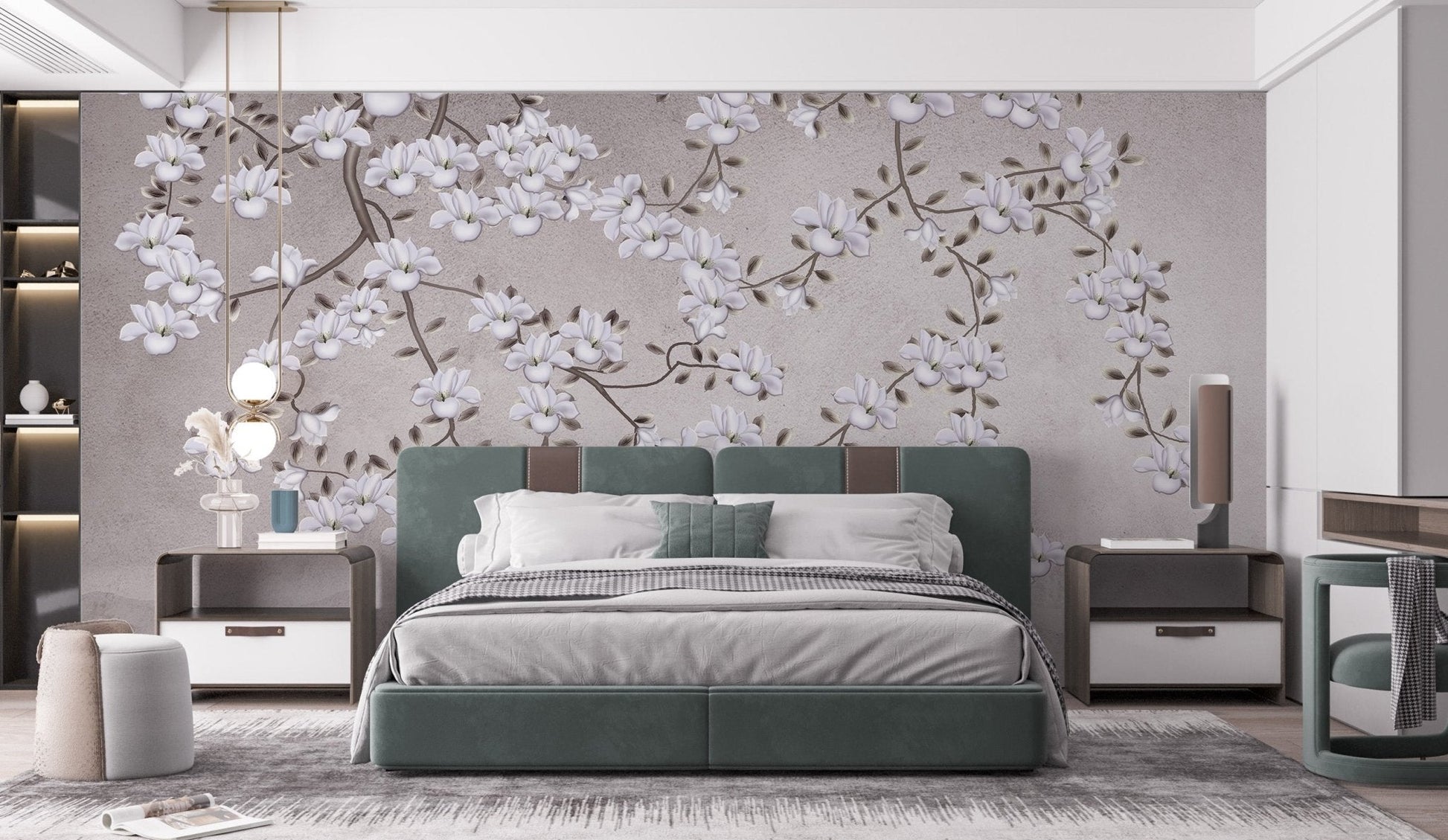 Artistic floral wallpaper mural with layered petals and textured backdrop.