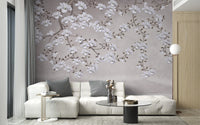 Springtime floral wall mural in minimalist botanical artwork style.