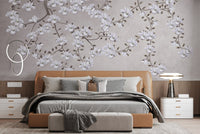 Springtime Floral wallpaper mural in muted gray and ivory color balance