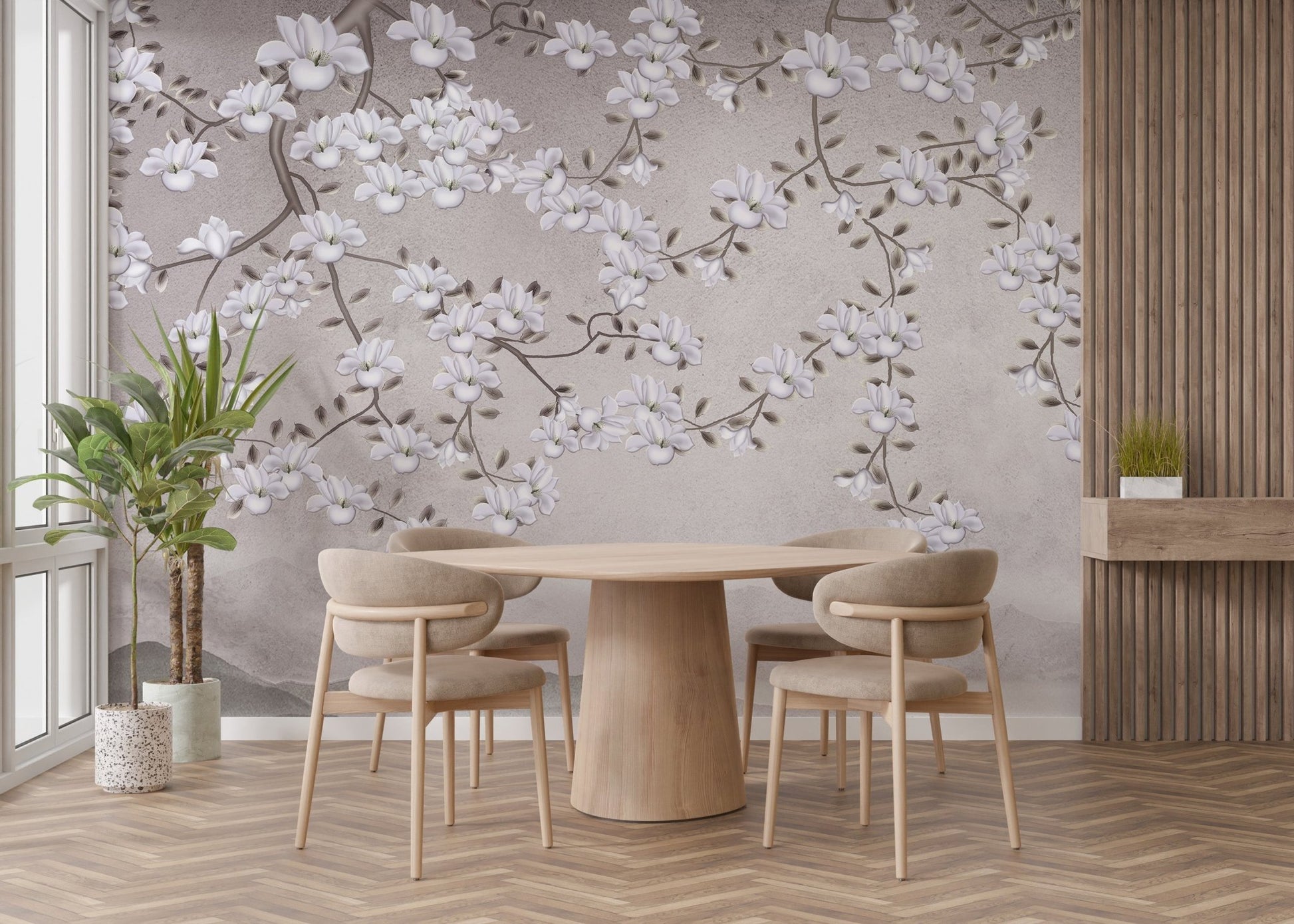 Springtime floral wall mural featuring neutral floral composition.