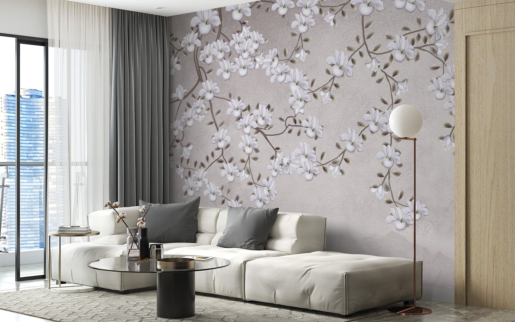 Botanical branch wall mural with gentle earth tone detailing.