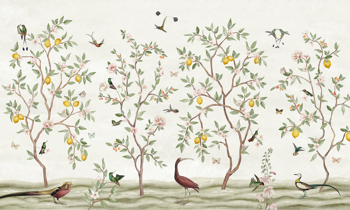 Lemon Tree Chinoiserie Wallpaper Mural in your room — zoomed