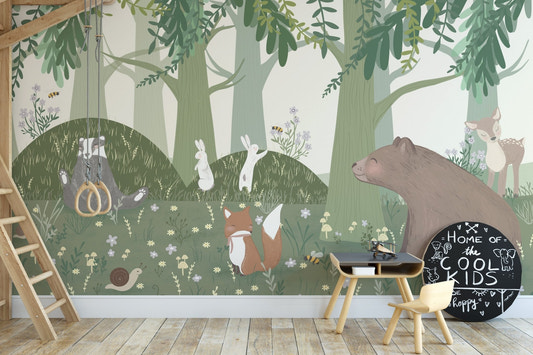Starlit bear family wall mural wallpaper with woodland animals.