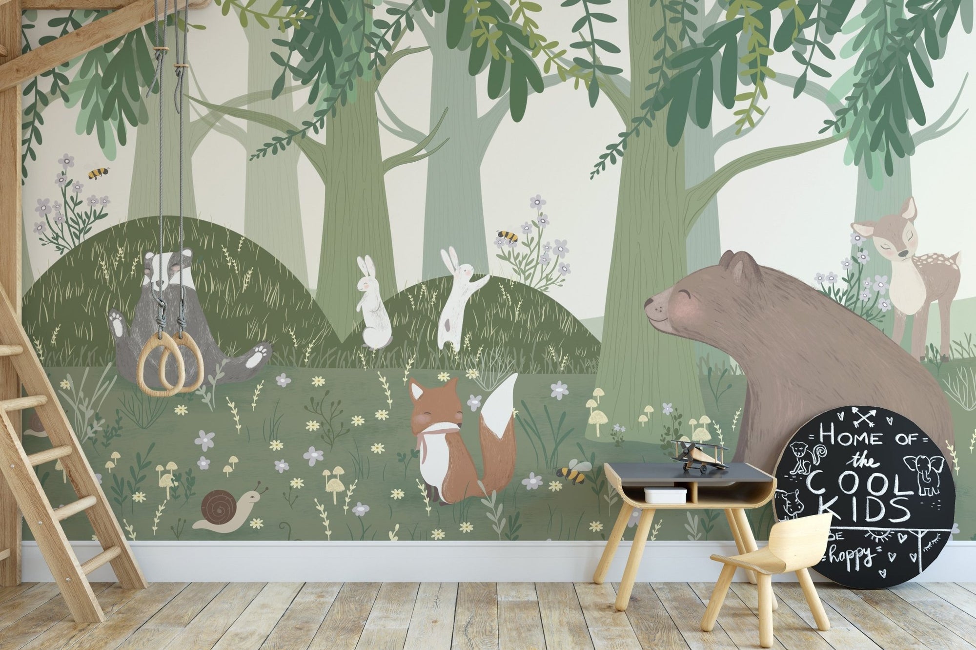 Starlit bear family wall mural wallpaper with woodland animals.