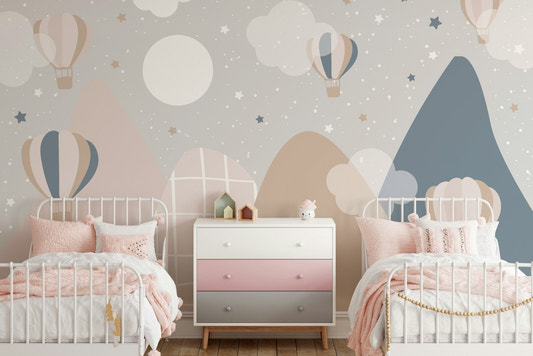 Blue Starry Mountain Wall Mural with white line art.