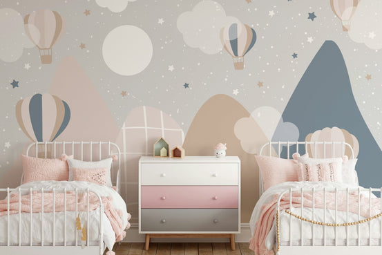 Blue Starry Mountain Wall Mural with white line art.