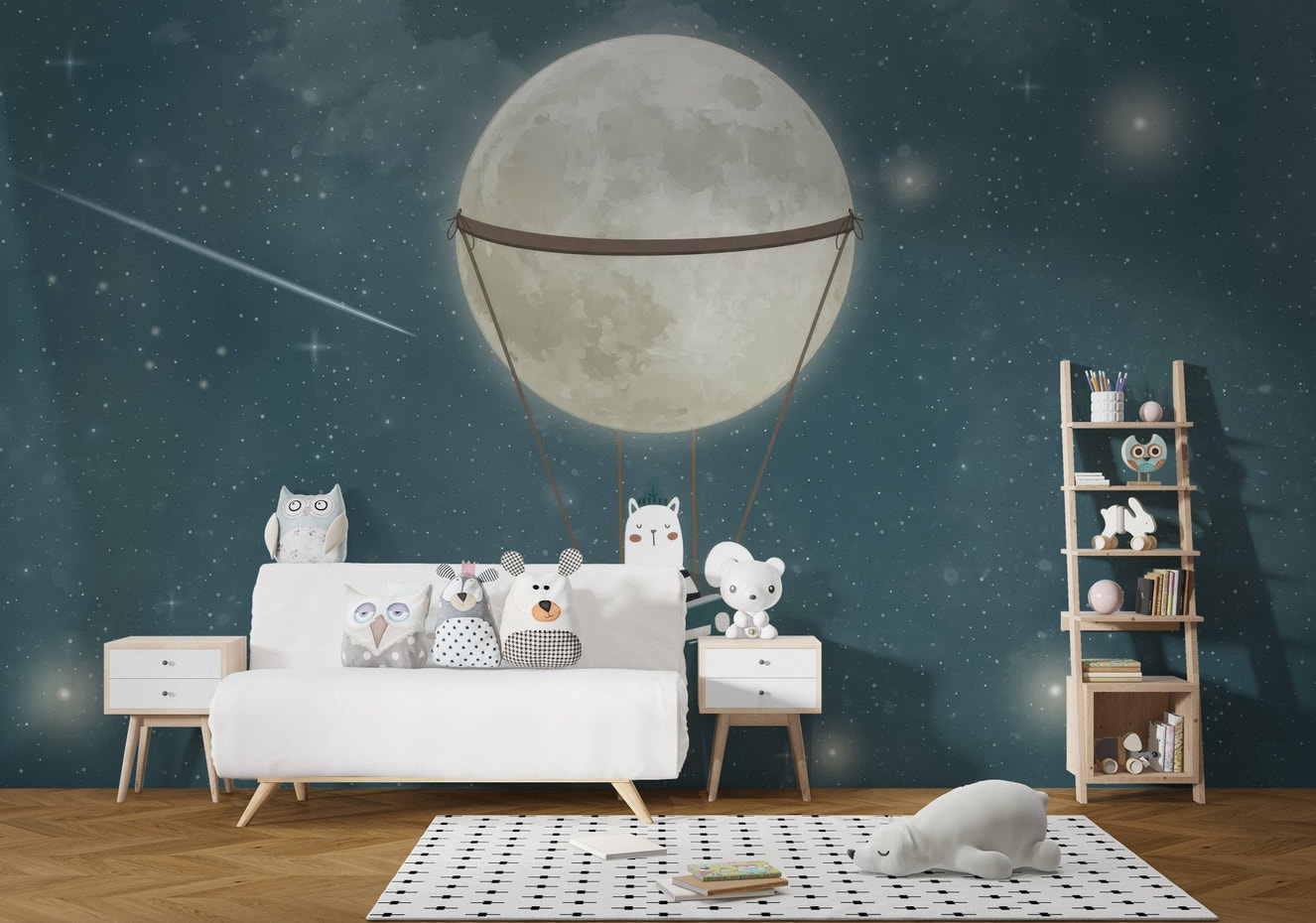 Kids fantasy sky theme wall mural starry wallpaper design.