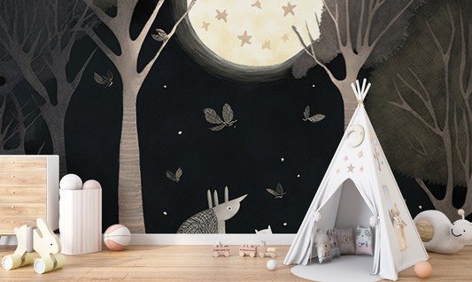 Starry night bear wall mural in deep navy and beige color palette.