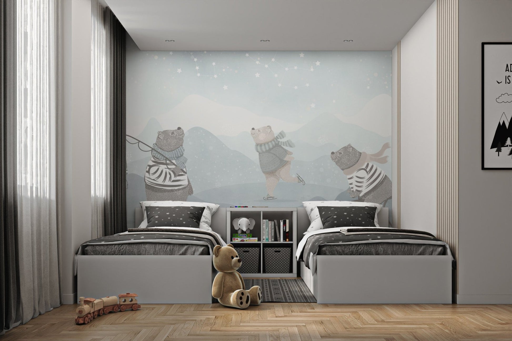 Starry night wall art mural with playful bear accents in kids bedroom.