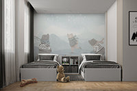 Starry night wall art mural with playful bear accents in kids bedroom.