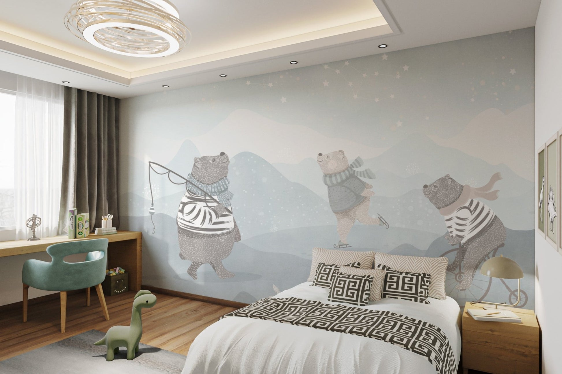 Storybook winter landscape wall mural with playful bear characters.