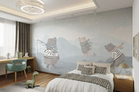 Storybook winter landscape wall mural with playful bear characters.