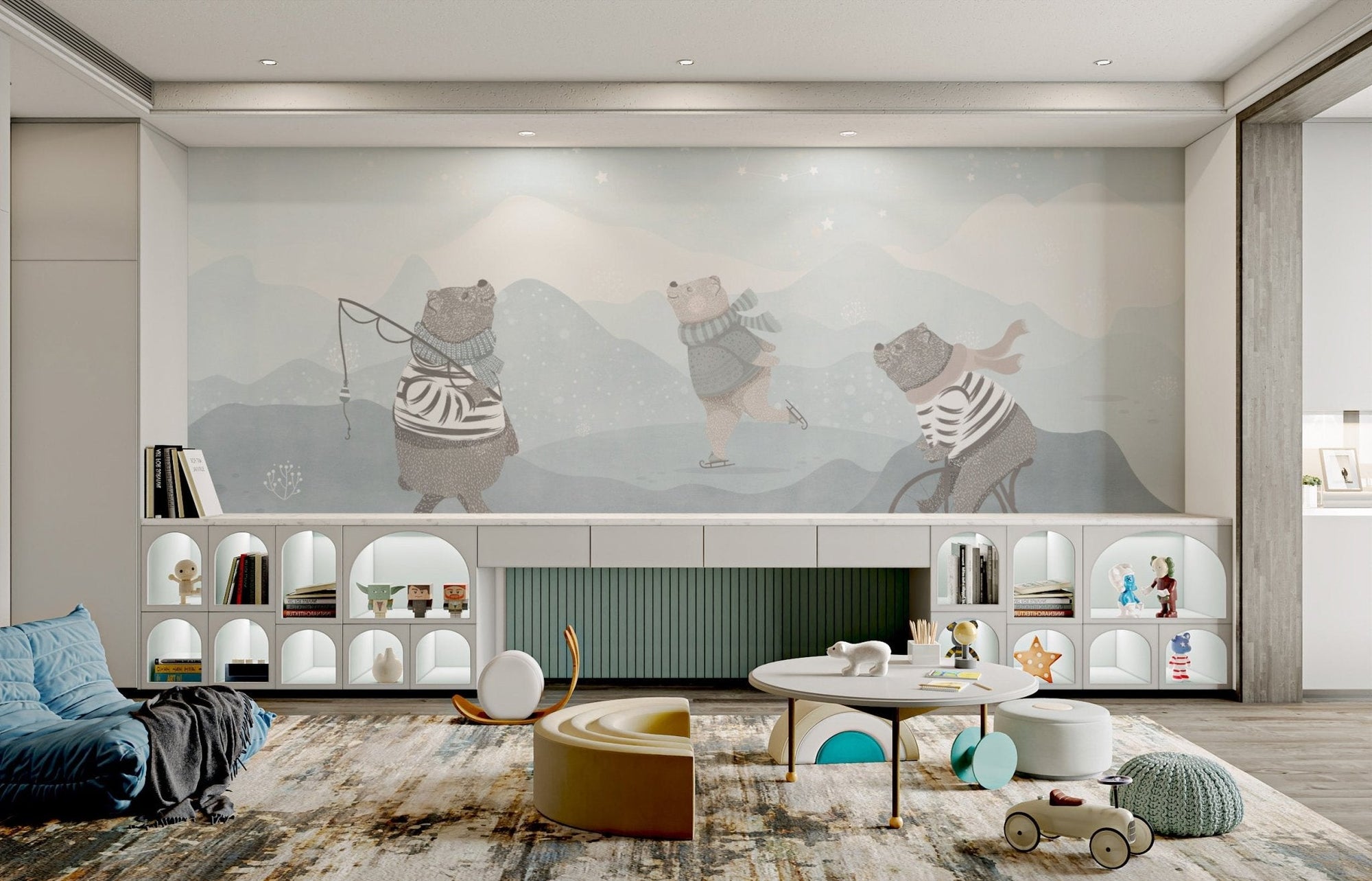 Adorable bears under a starry night wall mural.