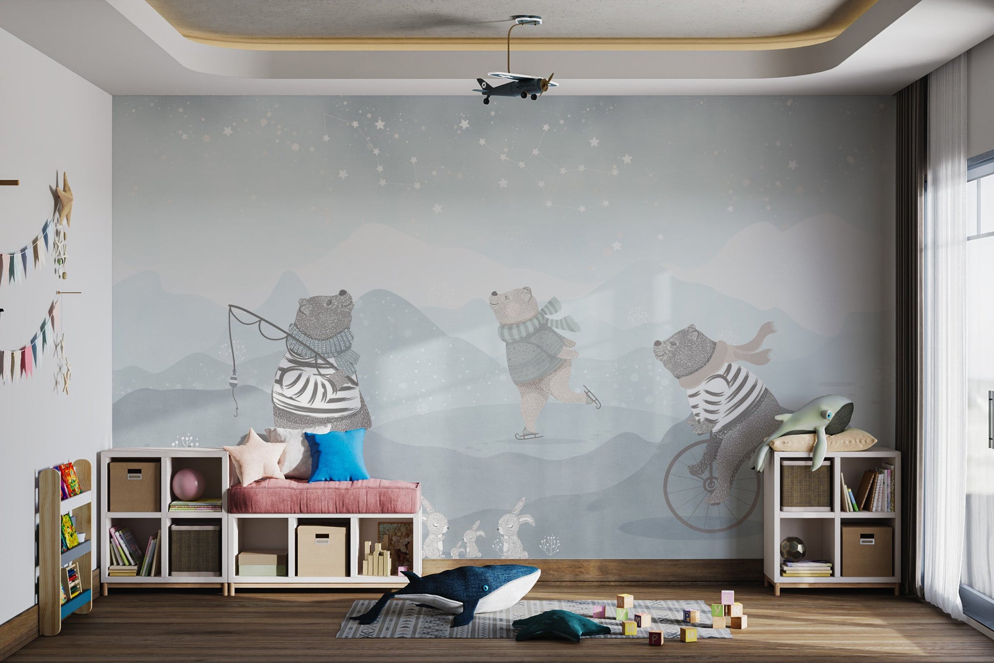 Whimsical kids mural with bears and a starry night sky in nursery wall.