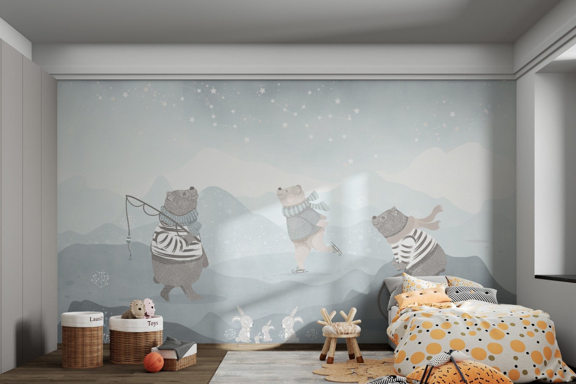 Cozy mural with bears beneath a sparkling night sky.