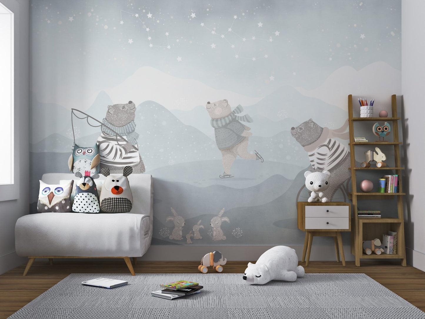 Charming mural of bears and twinkling stars for kids room.