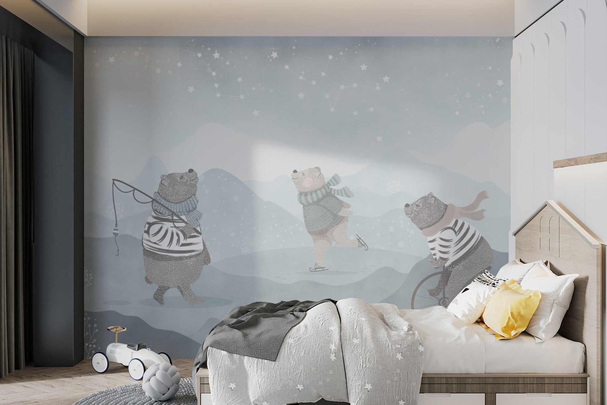 Dreamy night sky mural with cuddly bears for kids bedroom.