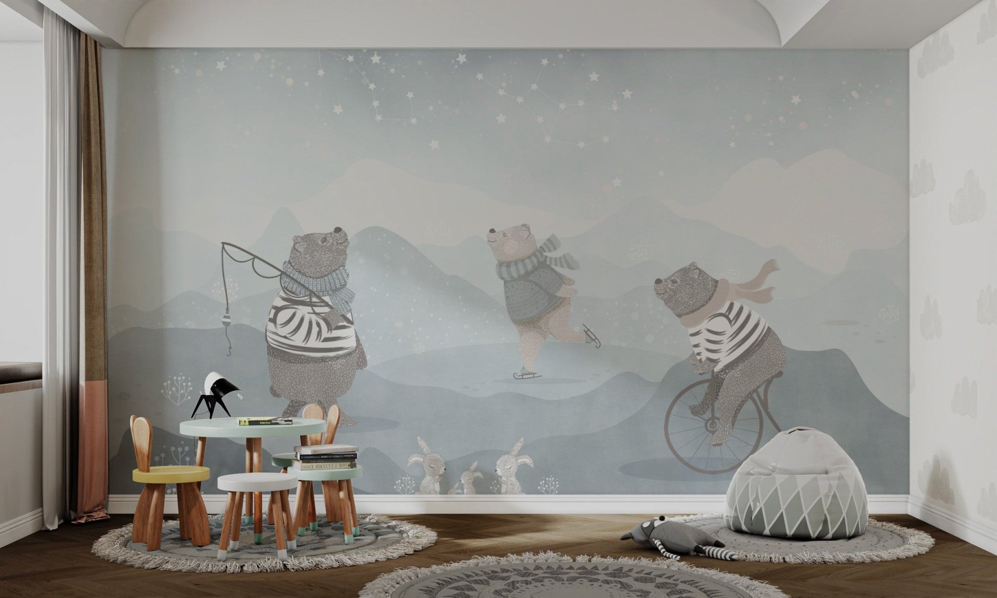 Starry night scene mural featuring cute bear characters in kids room.
