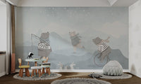 Starry night scene mural featuring cute bear characters in kids room.