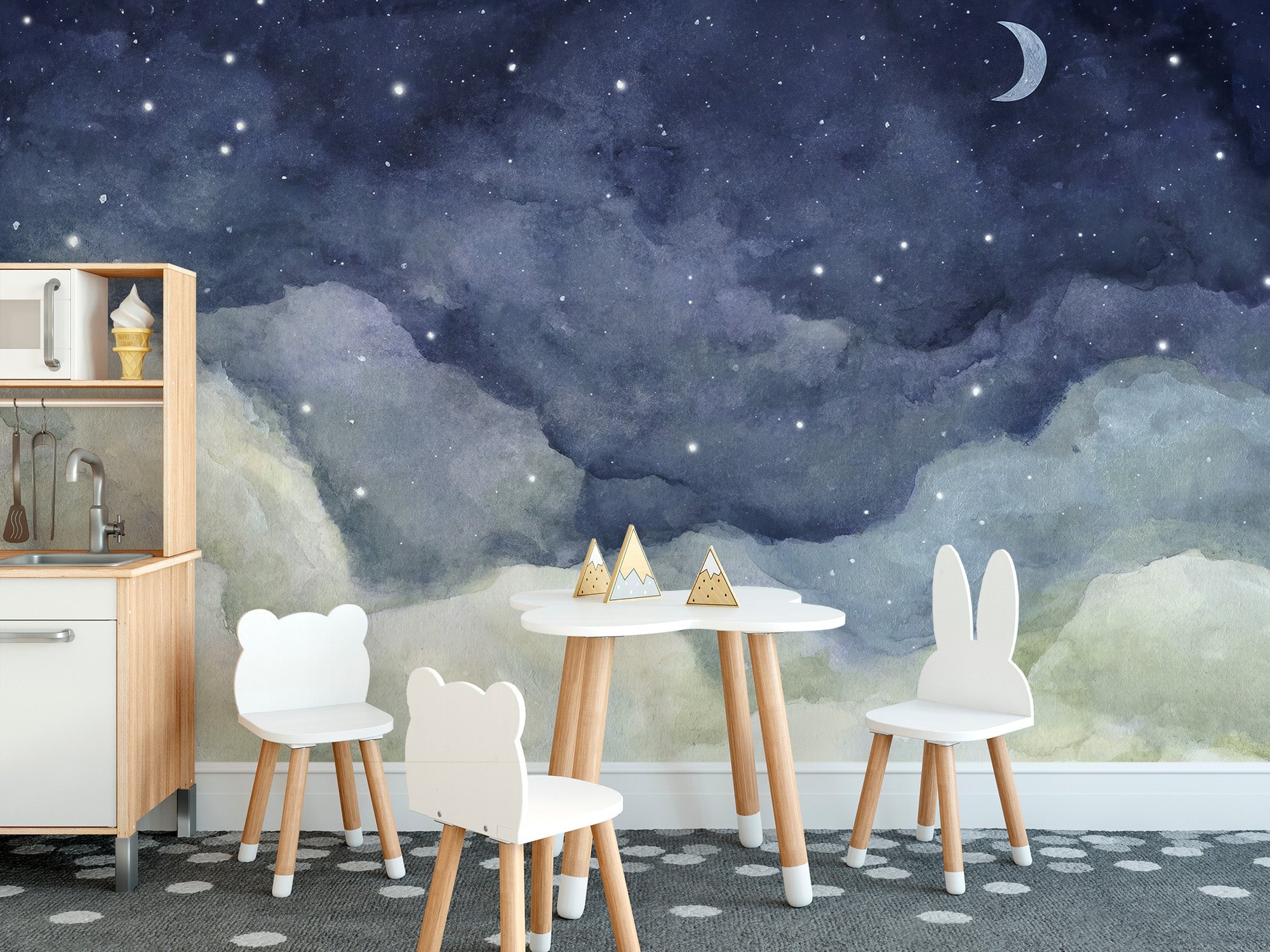 Starry night sky wall mural with navy blue watercolor clouds and moon.