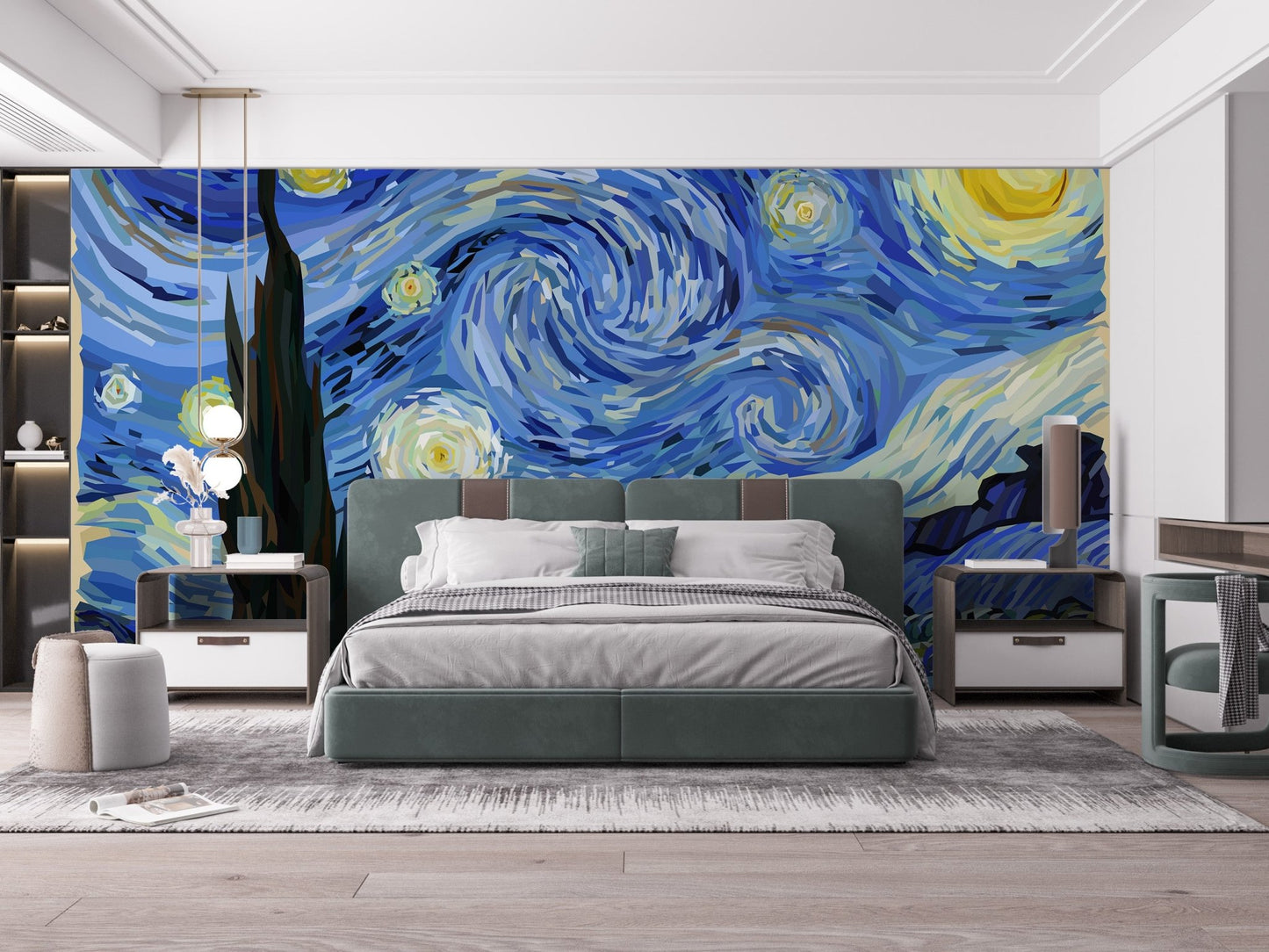Beautiful Van Gogh Wall Mural in large bedroom.