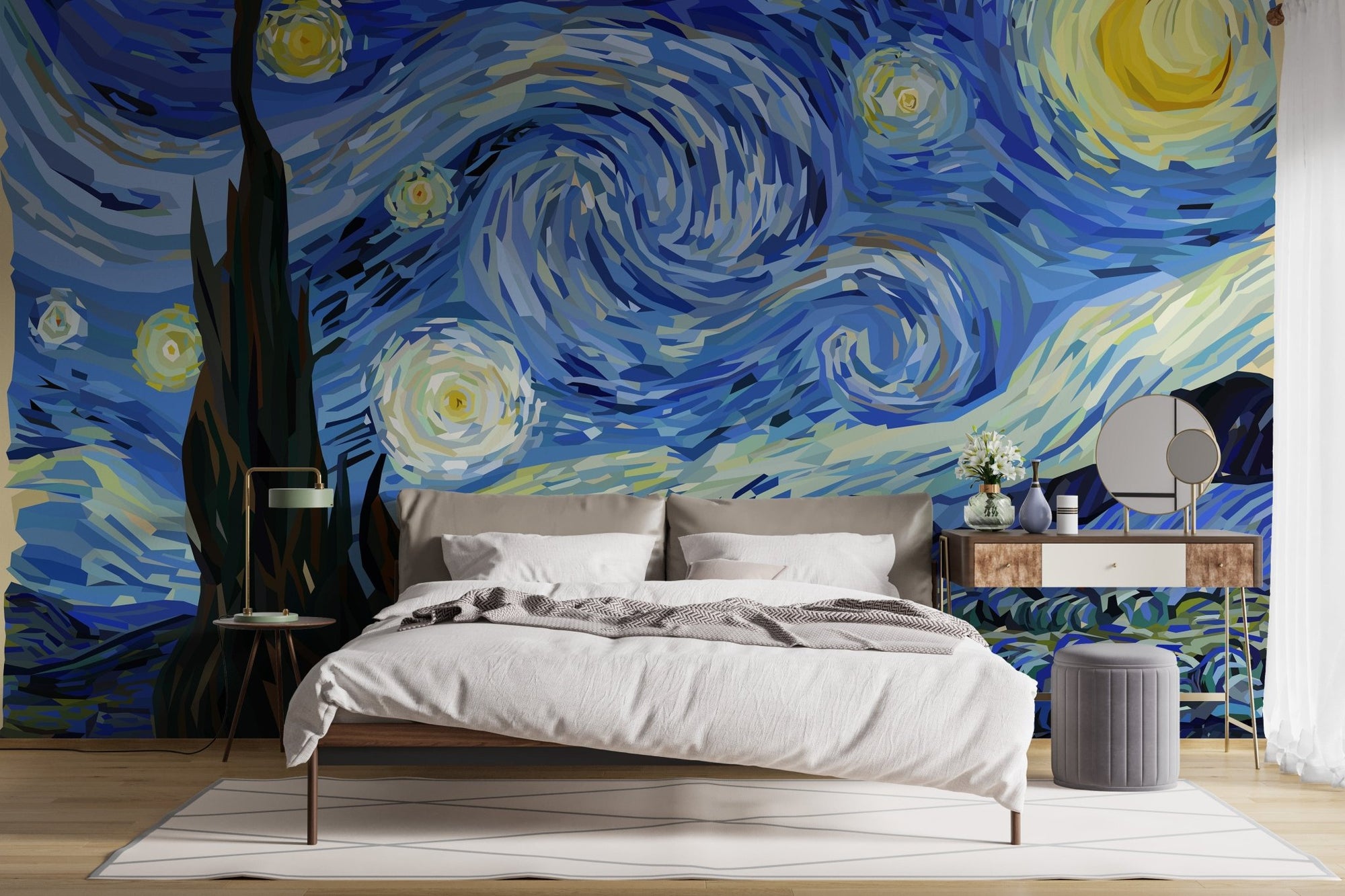 Starry Night Van Gogh Design Wall Mural in bedroom.