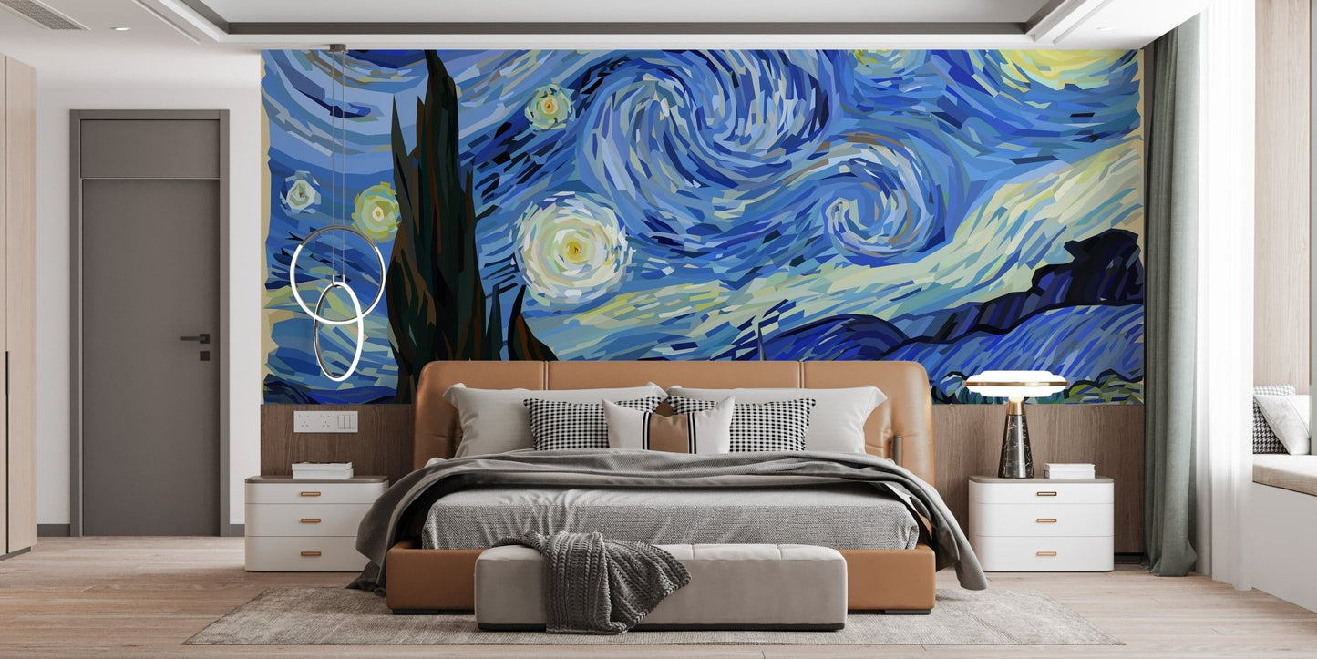Starry Night Wall Mural in Van Gogh Style in master bedroom.