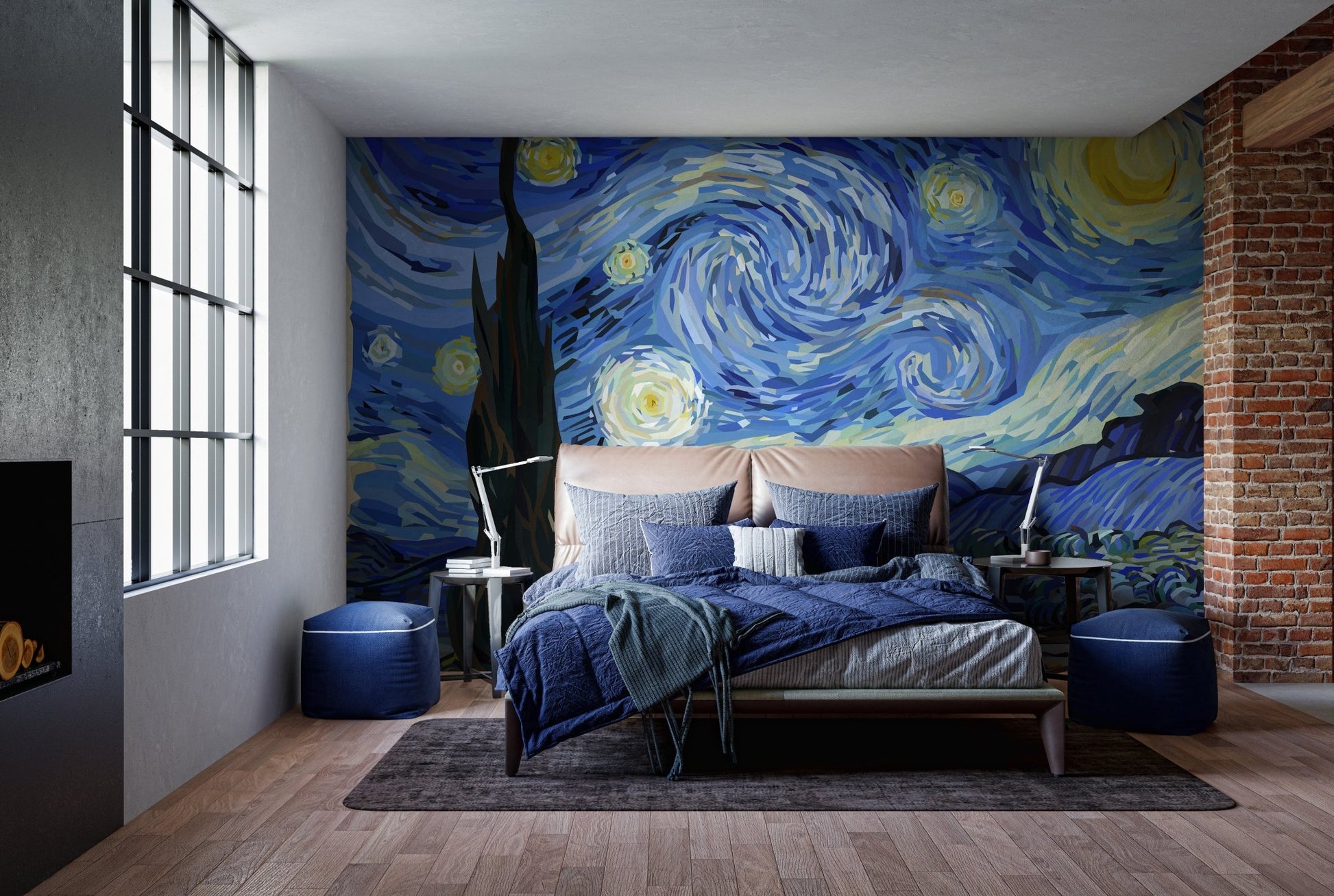 Blue and yellow Van Gogh wall mural in contemporary bedroom setting